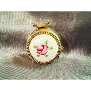 Antique Guilloche Enamel Triple Perfume Locket Pendant Hand Painted Gold Tone